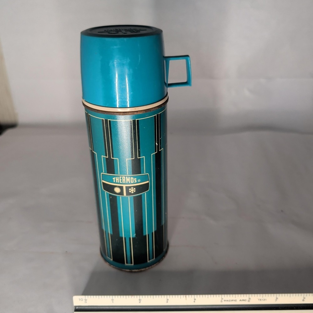 Vintage Thermos Blue Stripe Insulated Bottle Mid Century Modern Hot Cold Drink